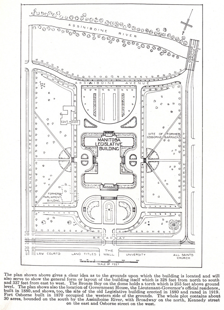 Beauty in Symmetry - Manitoba Legislative Building (1939) Note the outline showing the former parliament building and the diagonal entry paths foreseeing future desire lines. From the amazing Manitoba Historical Maps Flickr Stream.