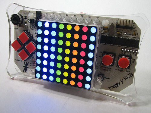 Meggy Jr RGB - Open-source handheld game platform with 8x8 pixel screen.