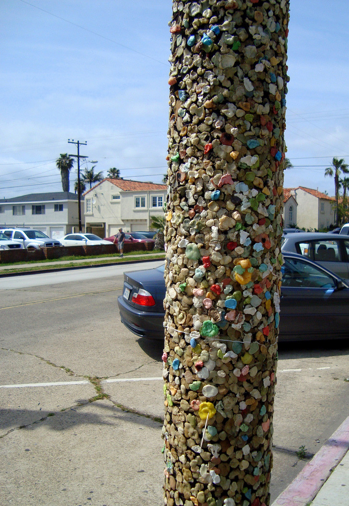 This is a pole covered in bubble gum. We visited friends in San Diego over the weekend. This is one of many photos of our trip.