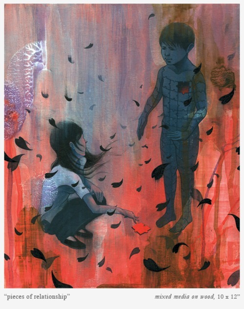 pieces of relationship - mixed media on wood, 10 x 12 via