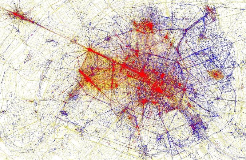 The maps of the Geotaggers World Atlas have been enhanced to show tourists in red, locals in blue. (Yellow could be either.) via