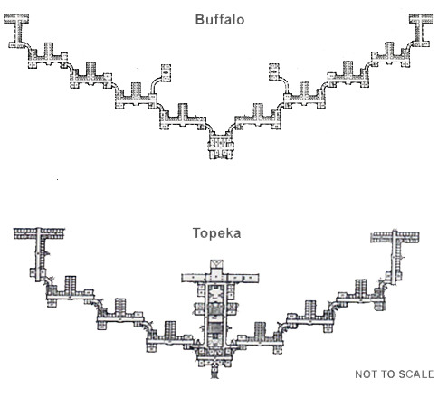 The Kirkbride plan for mental hospitals consists of sets of enormous, symmetrical, staggered wings, like a bat made out of lego. Men are on the left and women on the right in sections that radiate from the main entrance for increasingly violent or incurable patients. Early mental institutions where patients had to pay for their own incarceration would also vary in class (rich to poor) on the y axis. The staggering of the wings ensured the flow of air through each, purging them of diseased vapors perhaps, such was the Victorian obsession with fresh air. via