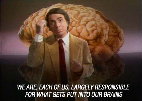 We are, each of us, largely responsible for what gets put into our brains, for what, as adults, we wind up caring for and knowing about. No longer at the mercy of the reptile brain, we can change Carl Sagan via