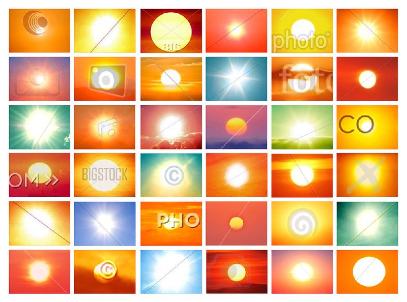 36 Copyrighted Suns Taken from stock photography sites, Copyrighted Suns / Screengrabs, points to the absurdity in trying to own the image of the sun.