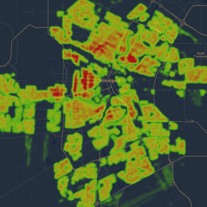 Density of single detached homes in Winnipeg. Green is less dense. Red is more dense.
