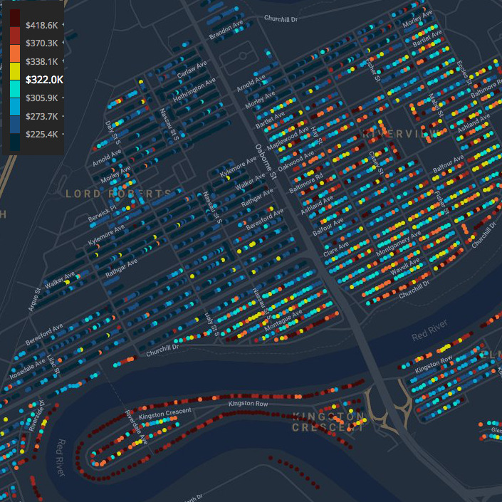 Property values of single detached homes in Winnipeg centered on where I grew up (Lord Roberts / Riverview). Dark blue is sub-$225K. Dark red is $420K+.
